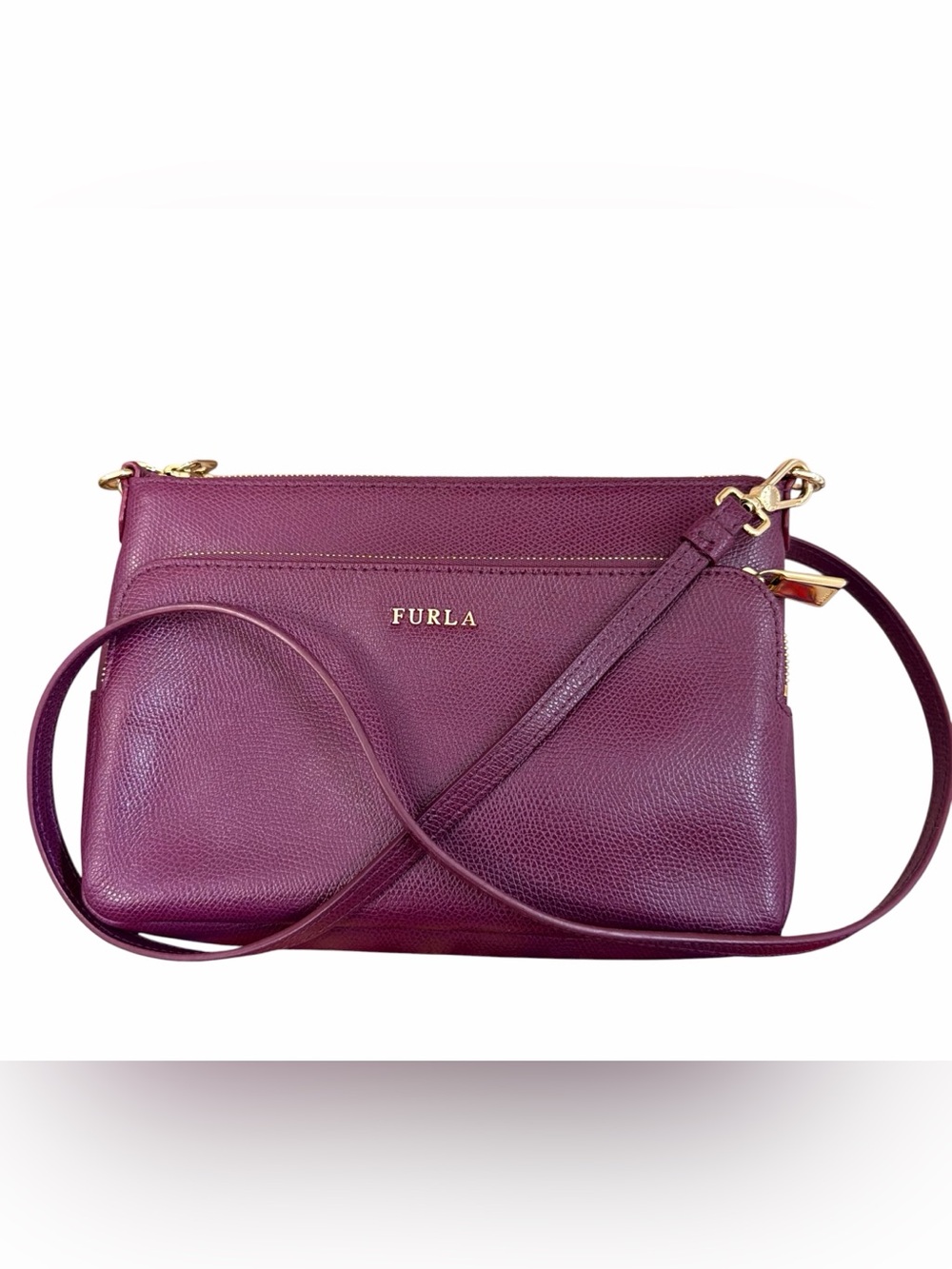 Furla Plum Aubergine Leather Dual Zip Crossbody Bag Gold Hardware Pure NWOT